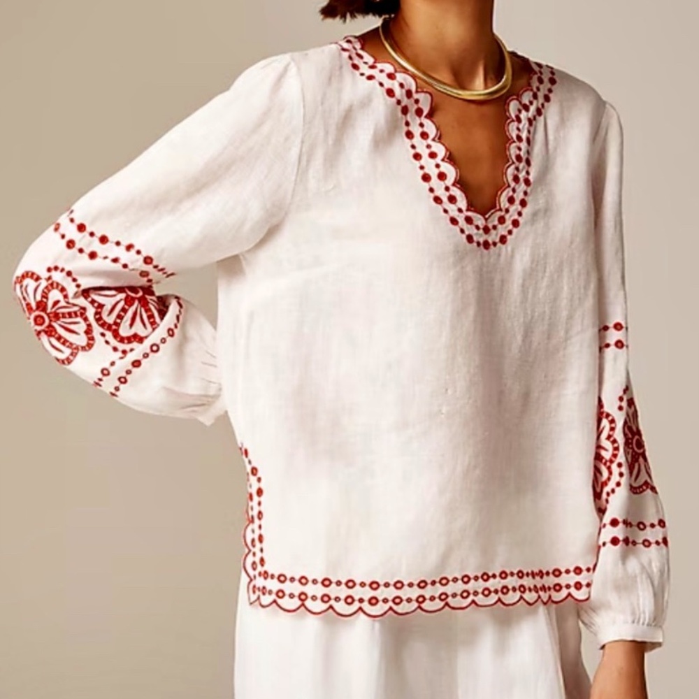 J. Crew White Linen Blouse with Red Embroidery